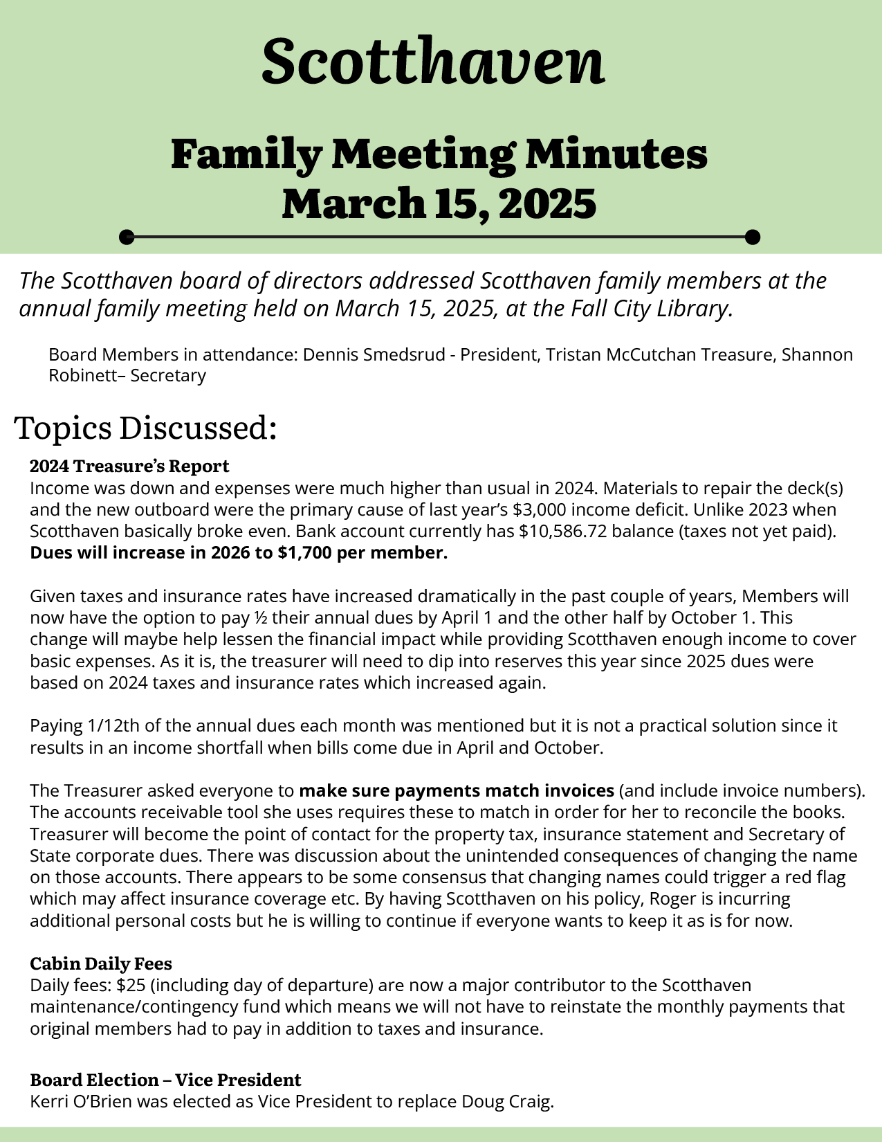 an image with text about the cabin meeting in March 2025.